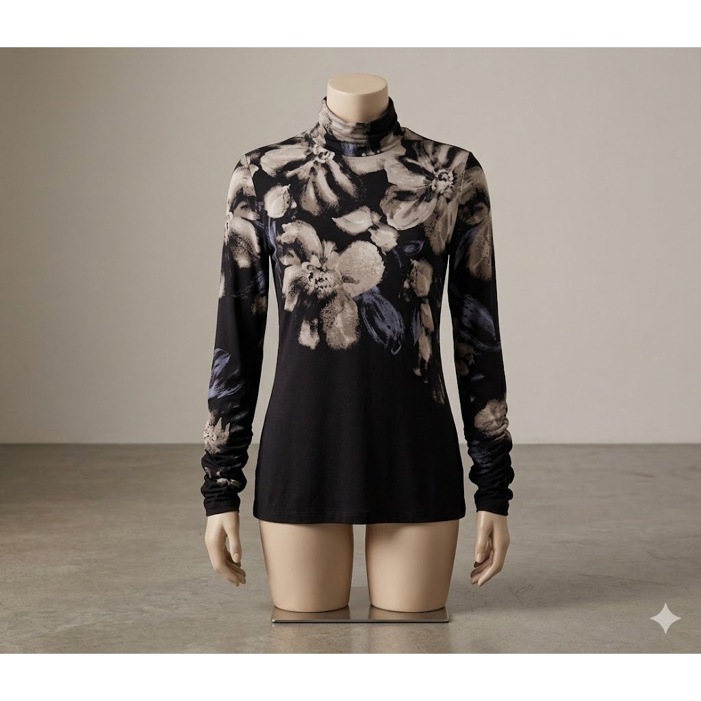 Susan Graver Mens Black Grey Floral Mock Neck Ruched Sleeve Top Xsp